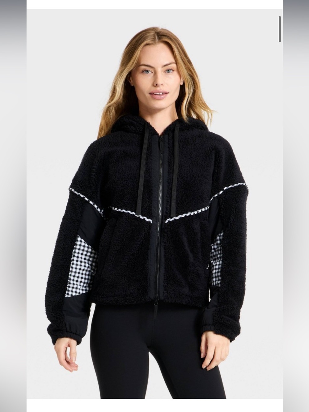 JoyLab Black Hooded Teddy Jacket with Gingham Panels